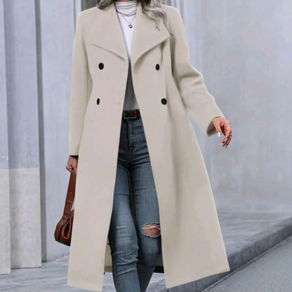 Double-breasted Waterfall Collar Woolen Coat - Picture 3 of 4